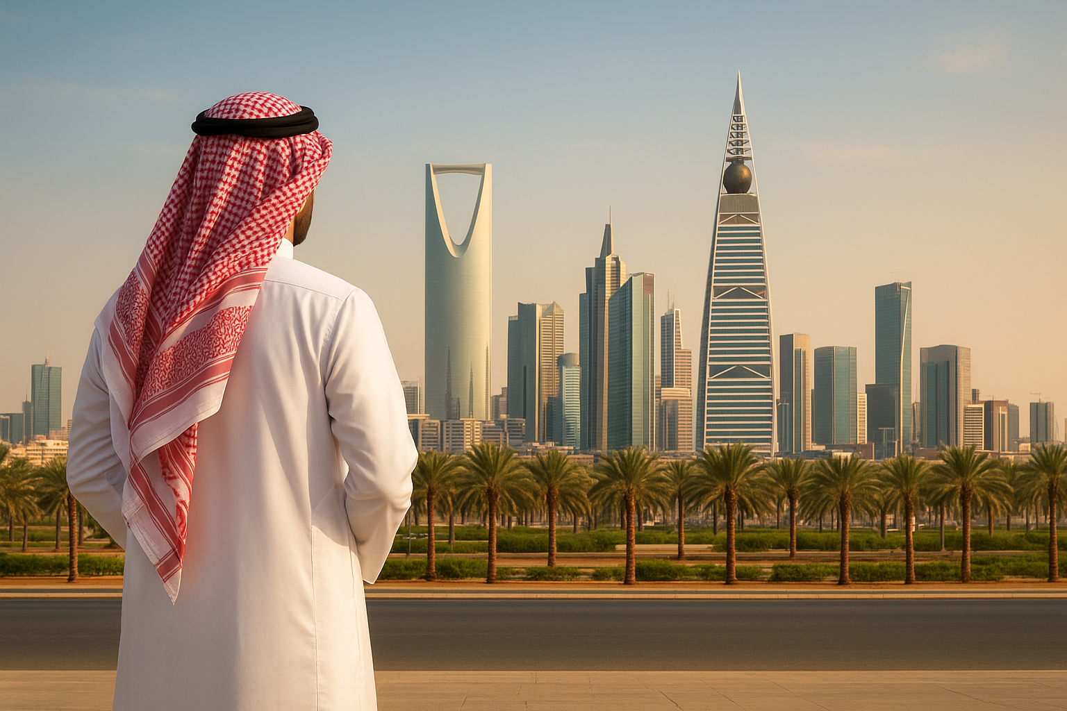 Man in traditional attire viewing Riyadh skyline, symbolizing business development.