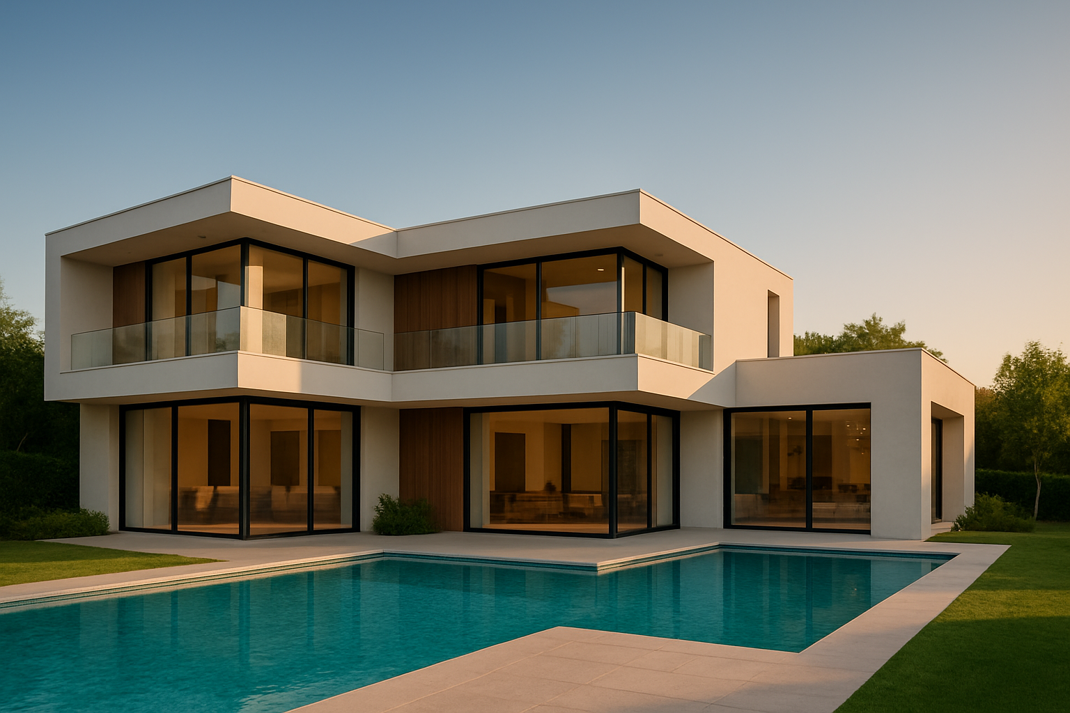 Modern luxury villa with glass walls, balcony, and poolside view at sunset.