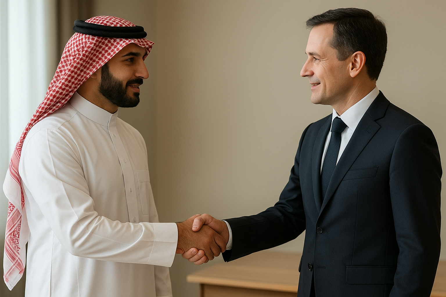 Arab man and Western man in suit shaking hands indoors, smiling during business meeting.