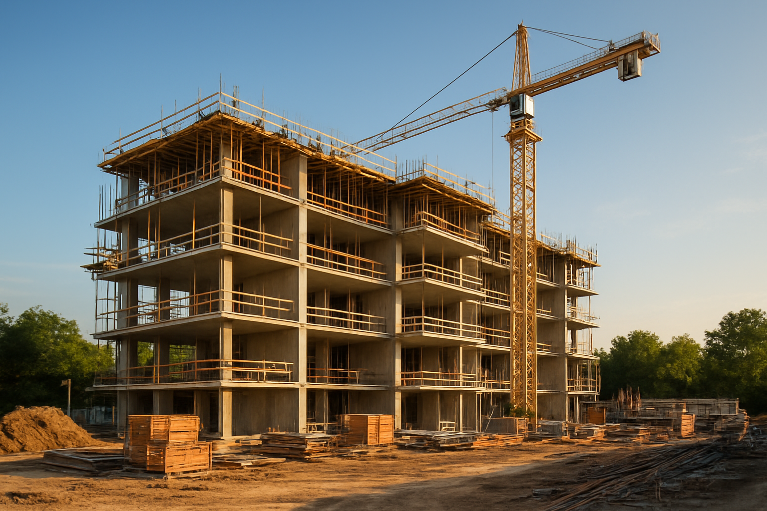 Under-construction multi-story building with crane and construction materials on site.