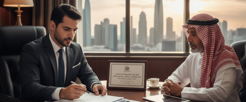 Certified real estate consultant reviewing documents for Saudi property deal