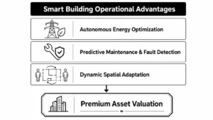 Black-and-white corporate infographic showing smart building operational advantages, including autonomous energy optimization, predictive maintenance, dynamic spatial adaptation, and premium asset valuation.