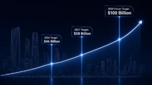 Corporate financial growth infographic featuring a rising line graph with 2026, 2027, and 2030 targets of $46 billion, $58 billion, and $100 billion, set against a deep blue and white KAFD skyline.