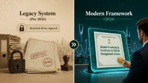 Saudi Arabia real estate regulation infographic comparing the legacy pre-2026 approval system with the modern 2026 framework, featuring paper documents, a padlock, and a digital property deed for global freehold and usufruct in REGA-designated zones.