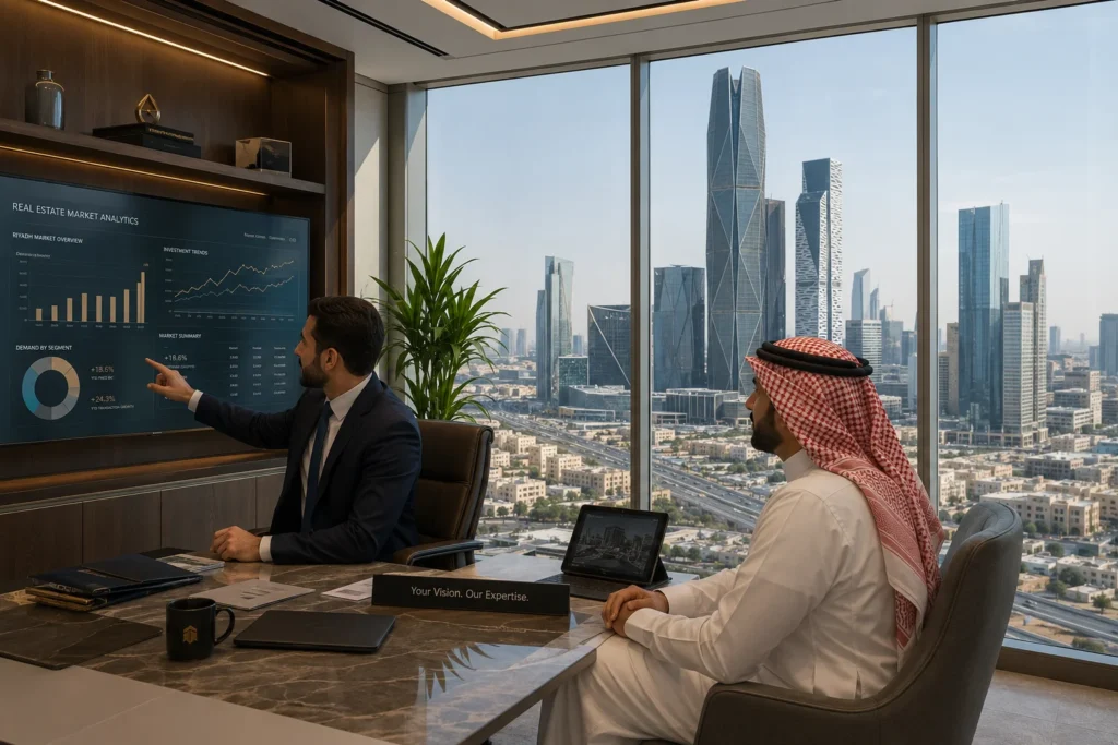 mage Prompt: A modern corporate office setting in Riyadh showing a real estate advisor reviewing financial analytics on a screen with a client, with the King Abdullah Financial District skyline visible outside the floor-to-ceiling windows